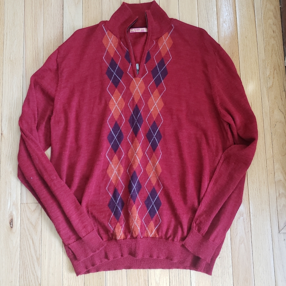 Kuna Mens Sweater XL Alpaca Preppy Argyle Red 1/4 Zip Peru Academia Old Money